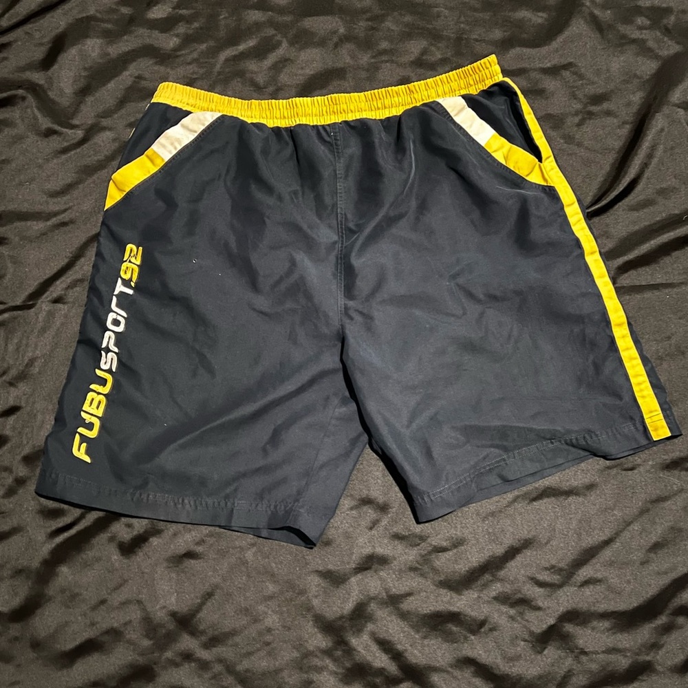 Fubu Vintage Shorts Swim Trunks Blue/Yellow Mesh Lined Mens Size XL OK Condition